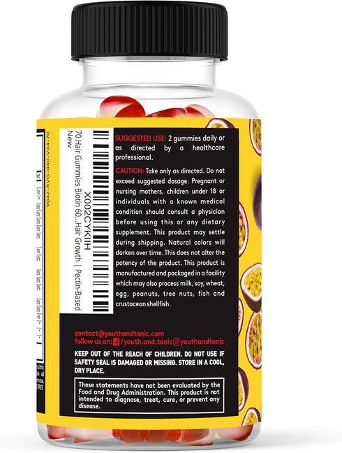 70 Hair Gummies for Women, Biotin 6000mcg, Collagen, Multivitamins, Hair Skin and Nails Vitamins, Pectin-Based