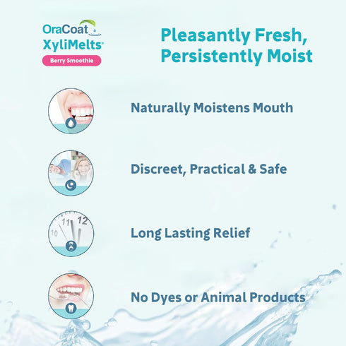 OraCoat XyliMelts Dry Mouth Relief Stick-On Melts Berry Smoothie with Xylitol, Non-Acidic, Stimulates Saliva, 100