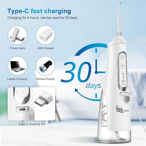 JNGOODS Cordless Water Dental Flosser, 310ml Rechargeable Oral Irrigator with 4 Modes and 4 Jet Tips (White)