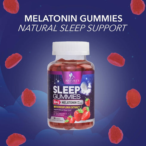 Melatonin Gummies 8mg - Extra Strength Sleep Support with 20mg Passiflora, Vegan, Berry Flavor - 60 Gummies