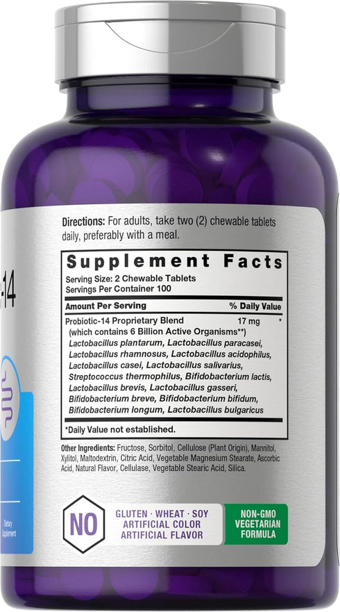 Horbaeach Chewable Probiotics 6 Billion CFUs | 200 Tablets | 14 Probiotic Strains | Vegetarian, Non-GMO & Gluten Free Supplement