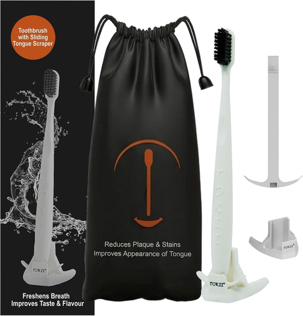 TOKII Tongue Scraper Cleaner Charcoal Bristles Toothbrush for Bad Breath with Waterproof