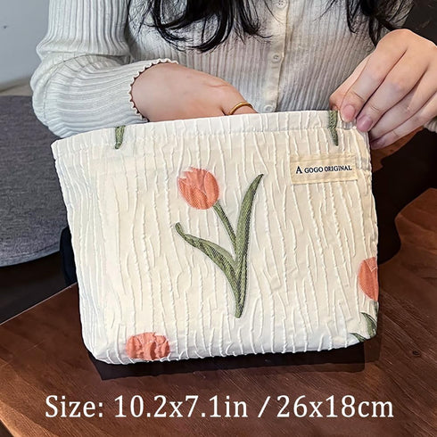 STARDW Aesthetic Makeup Bag for Women, Large Capacity Travel Toiletry Organizer Bag (Tulip White)