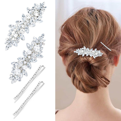 WHAVEL 4PCS Rhinestone Hair Barrettes for Women, Silver Sparkly Hair Clips, Fancy Formal Hair Accessories for Weddings
