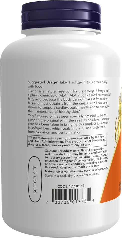 NOW Supplements Flax Oil 1000 mg, Cold Pressed, Hexane Free, Vegan Formula, 120 Veg Softgels, Essential Omega-3s