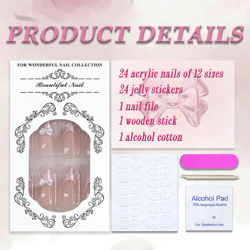 Press on Nails Medium Almond MABKJLF French Tip Fake Nails, Pink Full Cover with Bow Designs, 24Pcs