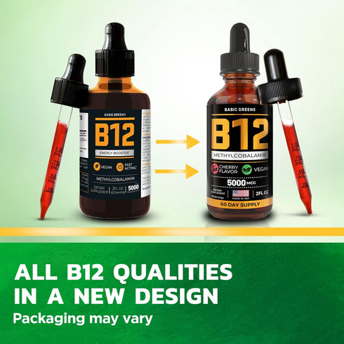 Vitamin B12 Sublingual (Vegan) - 2 Fl Oz Cherry Flavor Methylcobalamin B12 Liquid Drops, 5000 mcg