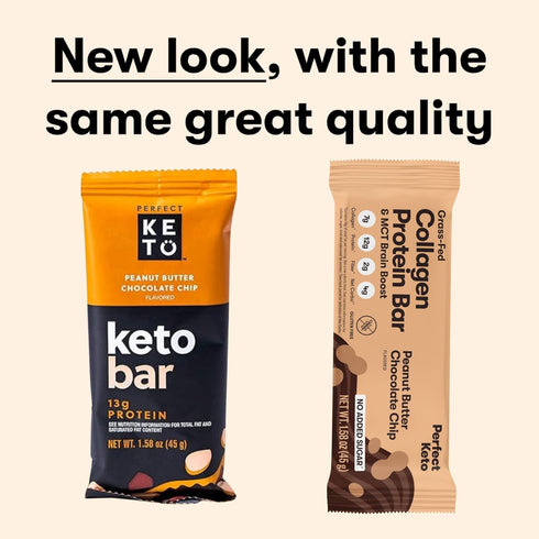 Perfect Keto Collagen Protein Bar - Gluten Free, Low Carb, 13g Protein, Peanut Butter Chocolate Chip (12 Bars)