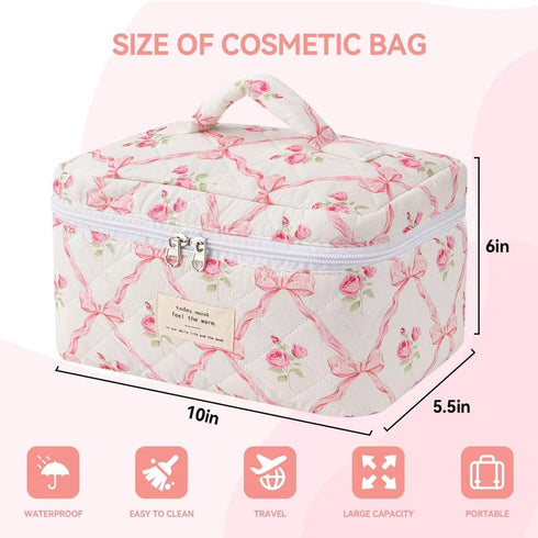 Large Travel Quilted Makeup Bag,Cute Bow Cotton cosmetic bag, Fashionable aesthetic makeup bag,Coquette Aesthetic Floral Travel Toiletry Bag for Women and Girls