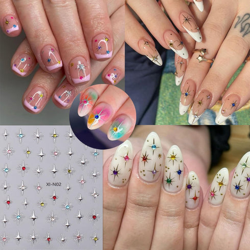 Star Nail Stickers for Nail Art 3D Glitter Starlight Self-Adhesive Decals 6 Pcs Laser Gold Silver Black White