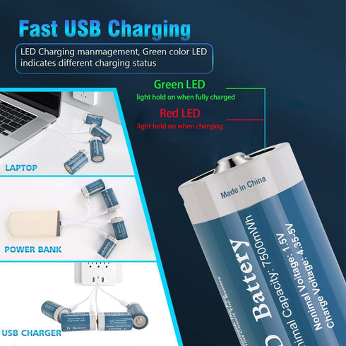 TOPUSSE 4 Pack, 1.5V 7500mWh Rechargeable D Batteries Long-Lasting Lithium D Size Battery with USB Charging Cable