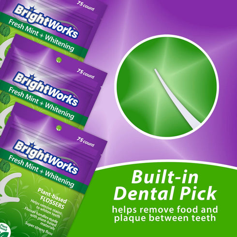 225 Piece BrightWorks Fresh Mint + Whitening Dental Flossers, 75 Count (Pack of 3) with Plant-Based Handles
