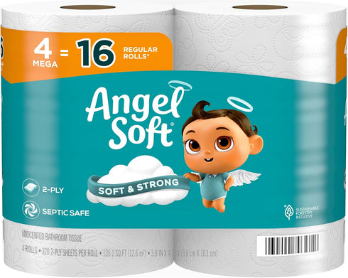 Angel Soft Toilet Paper, 4 Mega Rolls = 16 Regular Rolls, Soft and Strong Toilet Tissue
