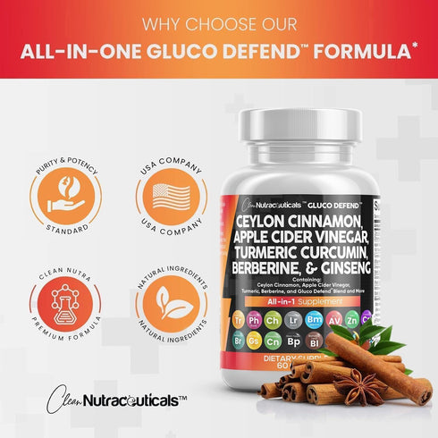 Clean Nutraceuticals Ceylon Cinnamon 3000mg, Turmeric 3000mg, Apple Cider Vinegar 3000mg, Ginseng 2000mg, Berberine