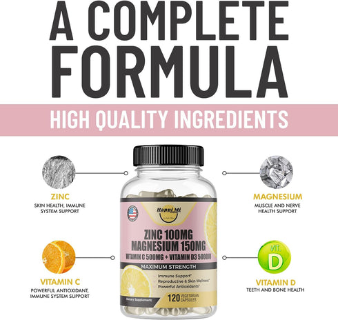 Zinc 100mg, Magnesium Glycinate 150mg, Vitamin D3 5000 IU, Vitamin C 500mg - Immune Support