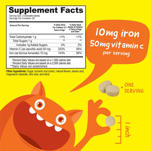 Kids Iron 10mg with Vitamin C 50mg Chewable Tablets - Tasty Natural Flavored - Vegan, Vegetarian, GMO-Free, Nut Free - Dietary Iron supplement - Blood Formation for Children - 120 Chewables