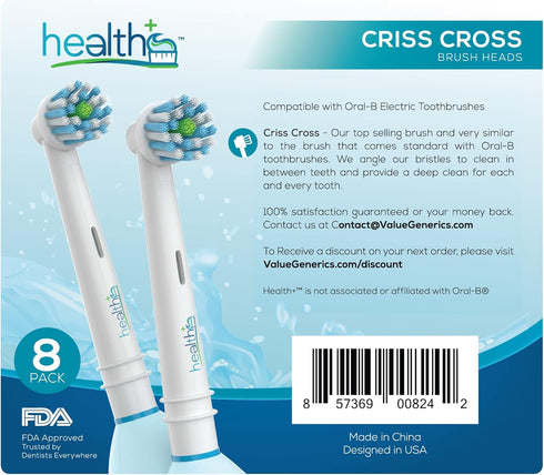 Compatible Oral B Braun Criss-Cross Replacement Heads for Electric Toothbrushes, 8-Pack