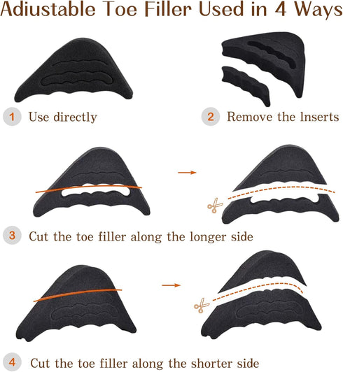 Shoe Inserts Foam Filler, 4 Pairs Adjustable Toe Inserts for Loose Shoes, Black and Beige