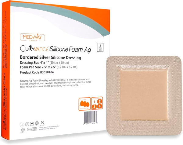 MedVance Bordered Silver Silicone Ag Sterile Absorbent Antibacterial Dressing 4"x 4" 5 Count