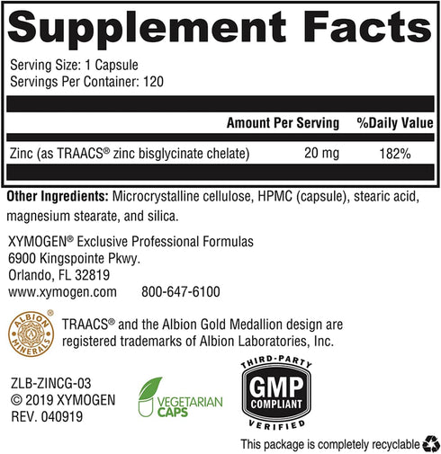XYMOGEN Zinc Glycinate, 20mg Chelated Zinc Supplement for Enhanced Absorption, 120 Vegan Capsules