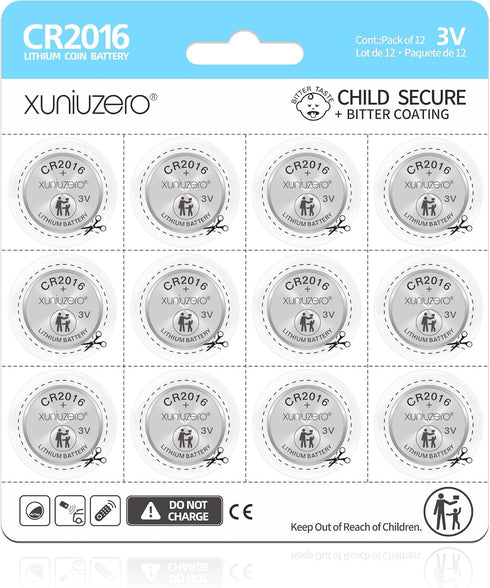 XUNIUZERO CR2016 3V Lithium Batteries 12 Pack for Child Safety, Compatible with Remotes,