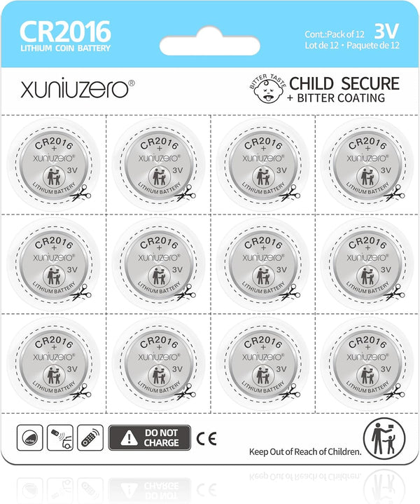 XUNIUZERO CR2016 3V Lithium Batteries 12 Pack for Child Safety, Compatible with Remotes,