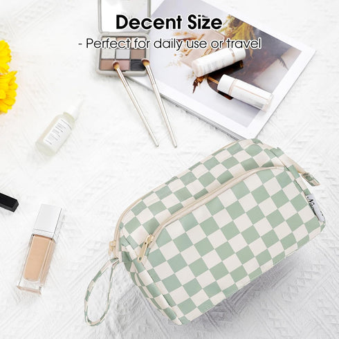 Narwey Large Mint Green Checkerboard Makeup Bag, Wide-open Travel Cosmetic Organizer