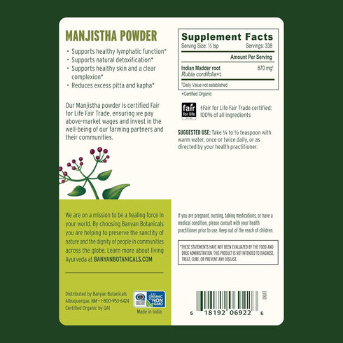 Banyan Botanicals Manjistha Powder – Organic Supplement for Ayurvedic Blood Cleanse & Lymphatic Support, ½ lb, Non-GMO