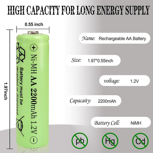 Zsolarigt 2200mAh 1.2V 10 Counts, 2200mAh NiMH AA Rechargeable Batteries High Capacity Double A Battery Lasting Long