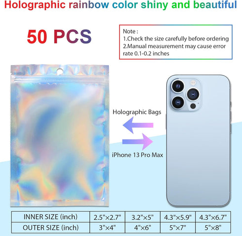 ANZNKU 50 Pack Holographic Bags, 5" x 7" Resealable Small Baggies, Foil Pouch Rainbow Color Packaging Bags for Small