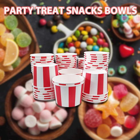 50 Pcs Red White Striped Ice Cream Cups, Disposable Paper Snack Bowls, 9oz Circus Carnival Dessert Containers