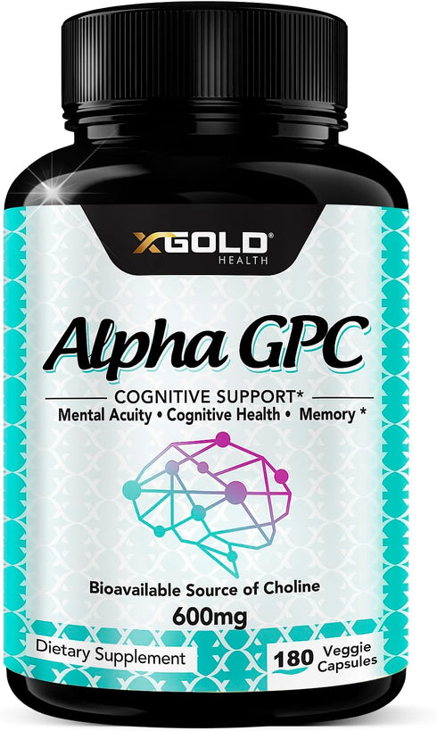 Alpha GPC Choline Supplement 600mg - Highly Purified Source of Choline, 180 Veggie Capsules for Cognitive Enhancement