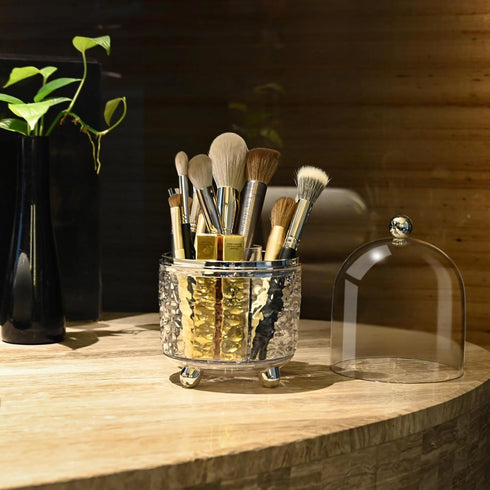Makeup Brush Holder with Lid, 360 Rotating Cosmetic Tools Organizer for Vanity, Waterproof & Dustproof