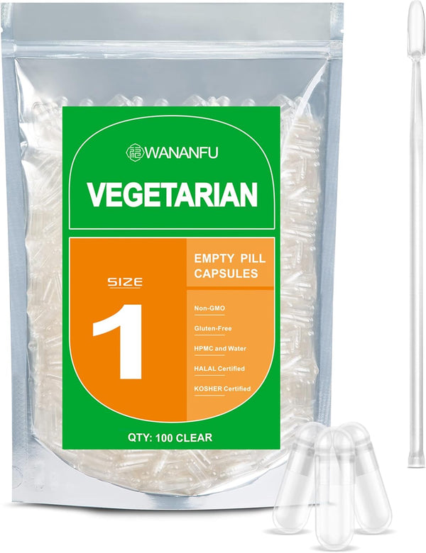 wananfu Size 1 Empty Vegetarian Capsules 100 Count | Bundle with Micro Lab Spoon for Making Supplements