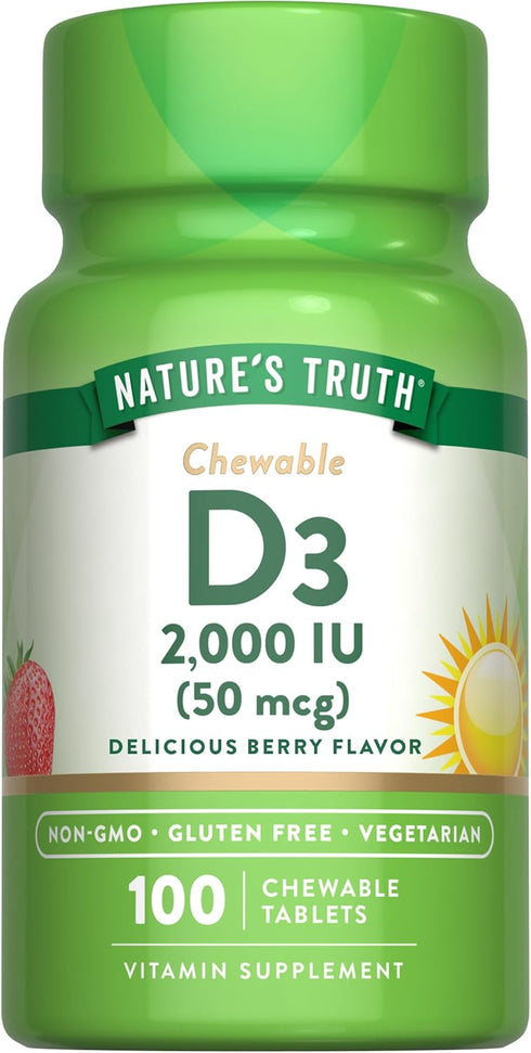 Nature's Truth Chewable Vitamin D3 2,000 IU | 100 Tablets | Berry Flavor | Vegetarian, Non-GMO, & Gluten Free Supplement