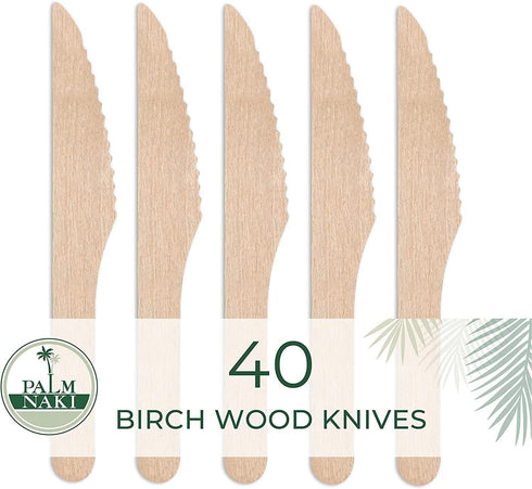 PALM NAKI Birchwood Cutlery (40 Count) - Disposable Eco-Friendly, Compostable, and Biodegradable Cutlery (Knives, 40