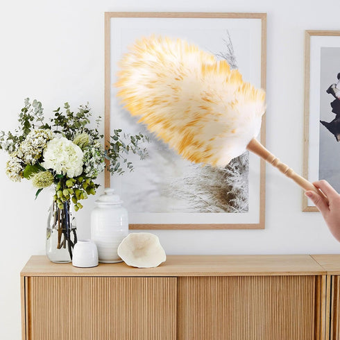 Lambswool Duster for Cleaning, 19.6 inch Natural Feather Duster with Solid Wooden Handle, Leather Hang Strap, 2 Pack