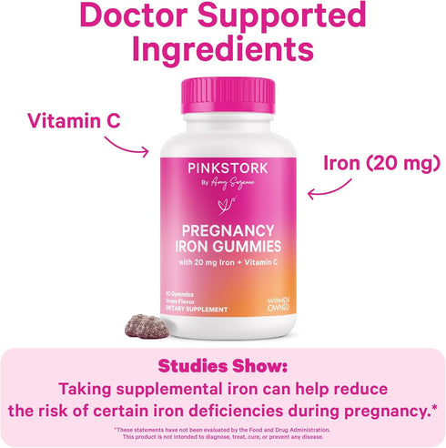 Pink Stork Prenatal Iron Supplement Gummies for Women, 20 mg with Vitamin C, Grape Chewable for Deficiency, Energy,