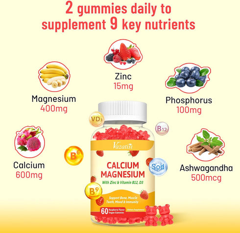 Calcium Magnesium Zinc Gummies with Vitamin D3 & B12, Sugar-Free, Vegan Raspberry Flavor - Supports Bone, Muscle, Mood