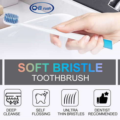 Extra Soft Toothbrushes for Adults, Wide Head Flossing Brush, Pack of 5 Individually Wrapped