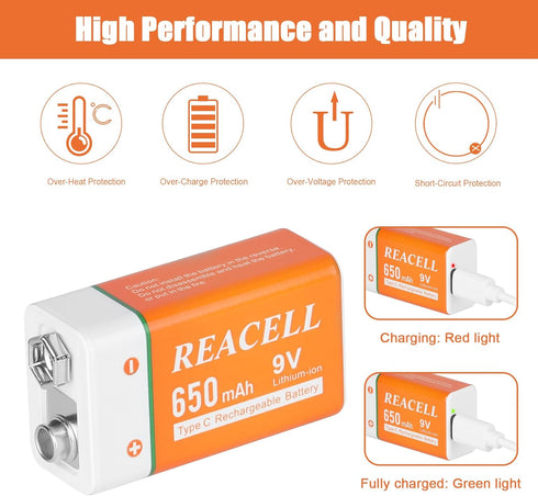 REACELL 2 Packs 9V 9 650mAh 9V Rechargeable Lithium Batteries, Volt Batteries for Smoke Detector, USB Charging Battery