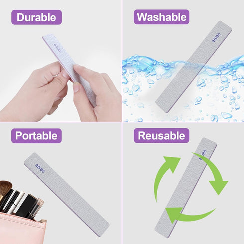 Heavy Coarse 80/80 Grit Nail Files (12 Pack) - Double Sided Emery Boards for Acrylic & Gel Nails, Gray