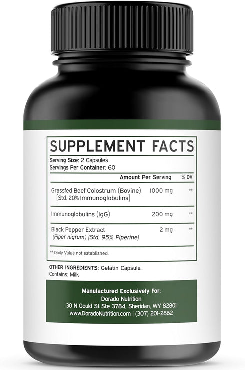 Colostrum Supplement 1000mg Per Serving - (Bovine Colostrum Capsules, Std. to Contain 20% IgG Immunoglobulins) - Grass Fed Colostrum - 120 Vegan Capsules - Gluten Free & Non-GMO - USA MADE