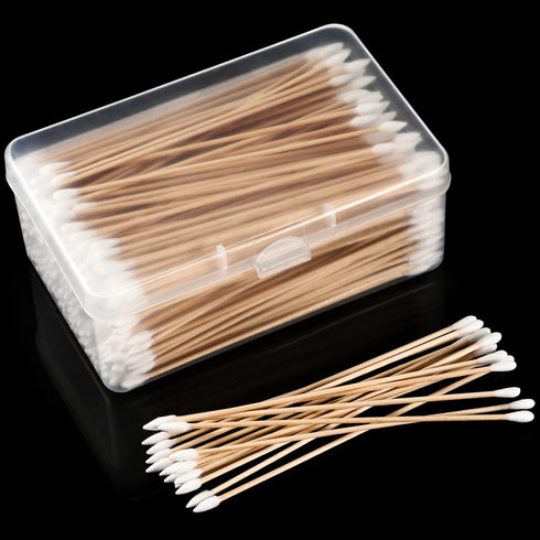 Norme 6 Inch Cotton Swabs in Storage Box, 500 Pcs Long Pointed and Round Tip Cleaning Swabs with Wooden Handle