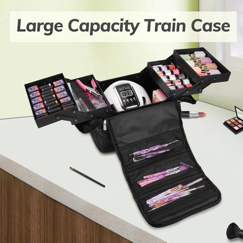 Travel Makeup Bag, Large Cosmetic Organizer with 4 Trays & Adjustable Dividers, Waterproof Makeup Train Case for Women,