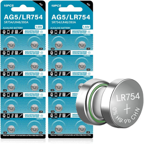 Cotchear 20pcs AG5 Button Cell Battery, 1.5V 393A LR754 SR48 Alkaline Coin Batteries