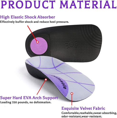 High Arch Support Insoles, 3/4 Length Orthotic Inserts for Heel Spur Pain, Plantar Fasciitis, Flat Feet, Over-Pronation