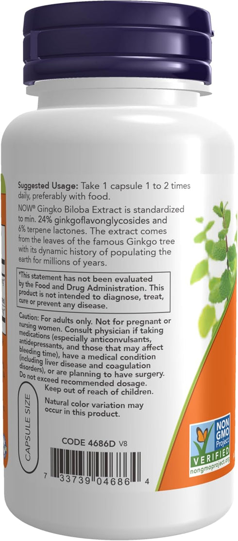 NOW Supplements Ginkgo Biloba 60 mg - 24% Standardized Extract - Non-GMO Project Verified - 60 Veg Capsules