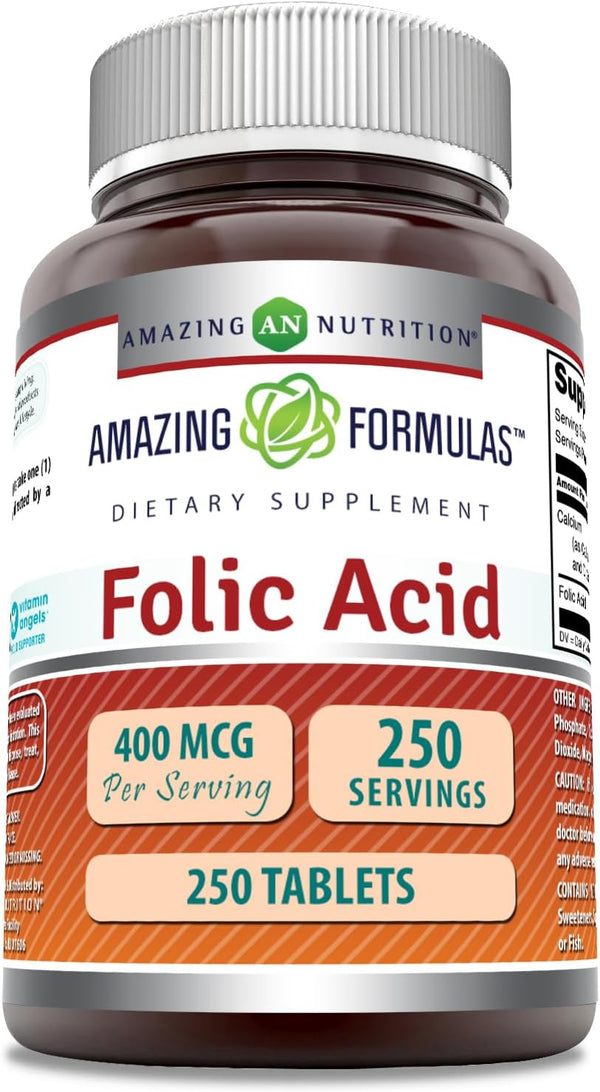 Amazing Formulas Folic Acid (Vitamin B9) 400 mcg Tablets | Non-GMO, Gluten Free, Made in USA (250 Count)