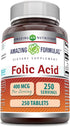Amazing Formulas Folic Acid (Vitamin B9) 400 mcg Tablets | Non-GMO, Gluten Free, Made in USA (250 Count)